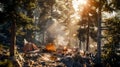 A cozy campsite nestled deep in a sun-dappled forest