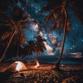 A cozy campsite on a sandy beach under a breathtaking starry sky, with a glowing tent, a campfire, and palm trees silhouetted Royalty Free Stock Photo