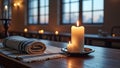 Cozy candlelit dinner setting with rolled linen napkins on a wooden table Royalty Free Stock Photo