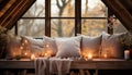 Cozy candlelit room, modern design, rustic wood, comfortable sofa generated by AI Royalty Free Stock Photo