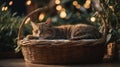 Cute Brown Tabby Cat Napping Peacefully in a Cozy Wicker Basket Surrounded by Greenery Royalty Free Stock Photo