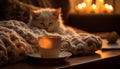 Cozy cat rests on table, enjoying warm milk by fireplace generated by AI Royalty Free Stock Photo
