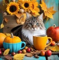 Cozy cat, sunflowers and a orange coffee cup on turquoise wooden table