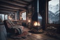 cozy chalet with fireplace, wooden flooring and plush blankets for a winter escape