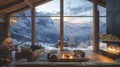 Cozy chalet interior in swiss alps with fireplace, wooden furniture, and snowy landscape view