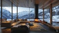 Cozy chalet interior in swiss alps fireplace, wooden furniture, warm lighting, snowy landscape view