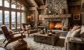 cozy chalet living room with a crackling fireplace