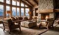 cozy chalet living room with a crackling fireplace