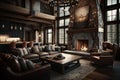 cozy chalet living room with roaring fire, leather furniture, and stone accents