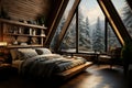 A cozy chalet room, adorned with wood, and a forest view