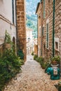 Cozy charming narrow streets and stone houses in Fornalutx village in Mallorca