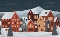 Cozy charming winter night panorama of a small town with houses with window lights, trees, and snow. For Christmas cards and Royalty Free Stock Photo