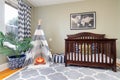 A cozy child`s room with a crib and tepee.