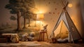 Cozy children's forest-themed room with a charming lamp Royalty Free Stock Photo