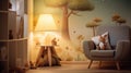 Cozy children's forest-themed room with a charming lamp Royalty Free Stock Photo
