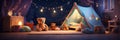 Cozy Childrens bedroom at night with toys teddy bear and a tent Kindergarten during night time Royalty Free Stock Photo