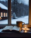 Cozy and Christmas atmosphere with cushions, steaming mug, book