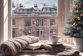 Cozy Christmas background. A knitted scarf on the windowsill, books and hot tea. Candles and lights. Generative AI Royalty Free Stock Photo