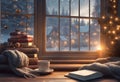 Cozy Christmas background. A knitted scarf on the windowsill, books and hot tea. Candles and lights. Generative AI Royalty Free Stock Photo