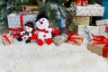 Cozy christmas background. Toy snowmen and presents under new year tree Royalty Free Stock Photo