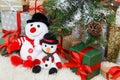 Cozy christmas background. Toy snowmen and presents under new year tree Royalty Free Stock Photo