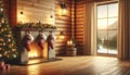 Cozy Christmas Cabin Interior with Fireplace and Festive Decorations, AI Generated Royalty Free Stock Photo