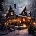 Cozy Christmas cabin log cabin in snow, crackling fireplace, warm holiday decor, peaceful ambiance