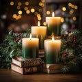 Cozy Christmas card. Burning candles in the branches of a fir tree.