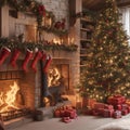 A cozy Christmas cottage, with a warm fire burning in the fireplace, and a decorated Christmas tree in the corner AI-Generated Royalty Free Stock Photo