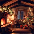 A cozy Christmas cottage, with a warm fire burning in the fireplace, and a decorated Christmas tree in the corner AI-Generated Royalty Free Stock Photo