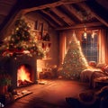 A cozy Christmas cottage, with a warm fire burning in the fireplace, and a decorated Christmas tree in the corner AI-Generated Royalty Free Stock Photo