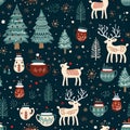 Cozy Christmas and cute Christmas with snowflakes, reindeer, and holiday background with seamless pattern