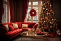 Cozy christmas decoration in living room interior. Generative AI Royalty Free Stock Photo