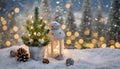 Cozy Christmas decoration with mini Christmas tree and lights on snowy background Royalty Free Stock Photo