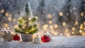 Cozy Christmas decoration with mini Christmas tree and lights on snowy background Royalty Free Stock Photo