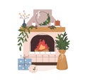 Cozy Christmas fireplace. Fireside decorated with Xmas ornament, winter holiday decorations. Warm fire place with