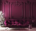 Cozy Christmas home interior with Xmas tree and sofa, Classic style, purple color interior