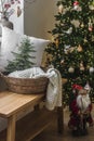 Cozy Christmas house interior. Christmas tree with decor, bench with basket, blankets and pillows Royalty Free Stock Photo