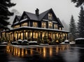 Cozy Christmas house rain blackandwhite cinematic.