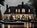 Cozy Christmas house rain blackandwhite cinematic.