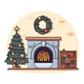 Cozy Christmas interior. Christmas tree and a fireplace stand by the brick wall in the corner. New Years decorations Royalty Free Stock Photo