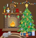 Cozy Christmas interior with fireplace, Christmas tree, sleeping cat, gifts. Flat, cartoon, vector Royalty Free Stock Photo