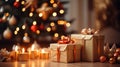 Cozy Christmas in a Living Room Glowing Bokeh Blur Background Ornaments Gold-Wrapped Gifts, generative AI