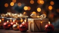 Cozy Christmas in a Living Room Glowing Bokeh Blur Background Ornaments Gold-Wrapped Gifts, generative AI