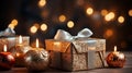 Cozy Christmas in a Living Room Glowing Bokeh Blur Background Ornaments Gold-Wrapped Gifts, generative AI