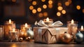 Cozy Christmas in a Living Room Glowing Bokeh Blur Background Ornaments Gold-Wrapped Gifts, generative AI