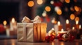 Cozy Christmas in a Living Room Glowing Bokeh Blur Background Ornaments Gold-Wrapped Gifts, generative AI