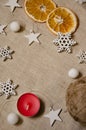 Cozy Christmas and New Year`s mood with copy space. Festive background with dried orange slices, candle, soft balls, decorative Royalty Free Stock Photo