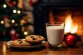 Cozy Christmas room with glass of milk and cookies prepared for the Santa Claus Royalty Free Stock Photo