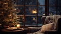 a cozy Christmas scene with a beautifully decorated tree, a window showcasing a snowy night, and a comfortable armchair with a